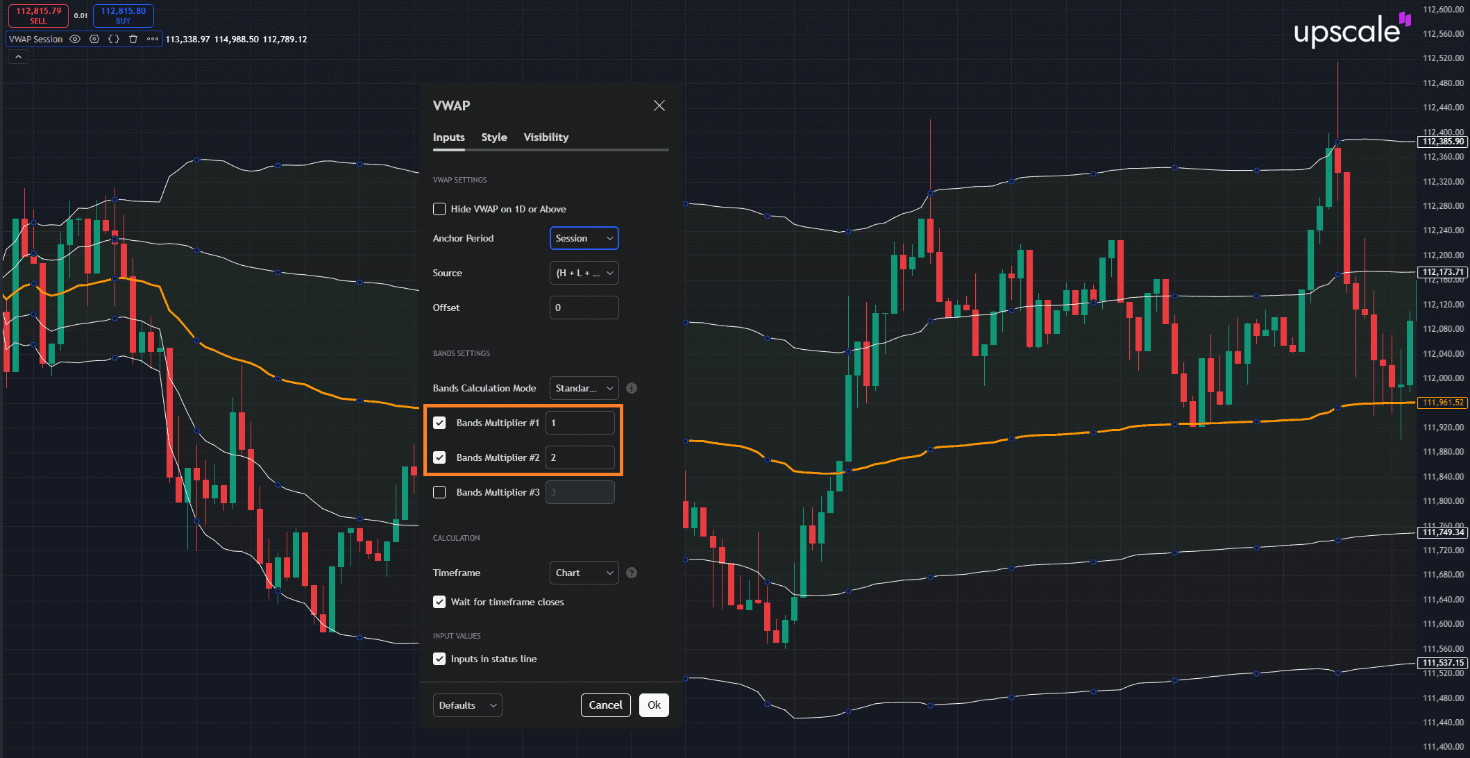 Configuración de bandas de desviación estándar VWAP en TradingView